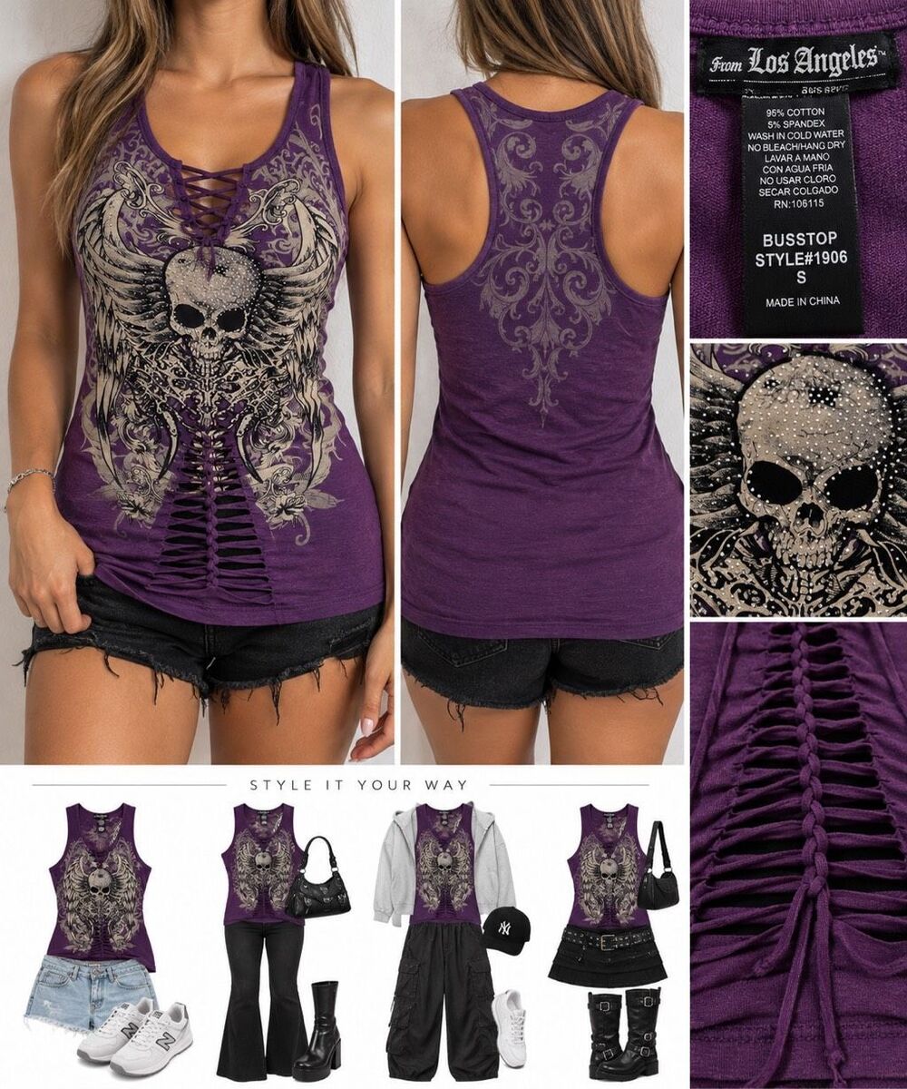 From Los Angeles Bus Stop Size S Purple Skull Rhinestone Tank Y2K Goth